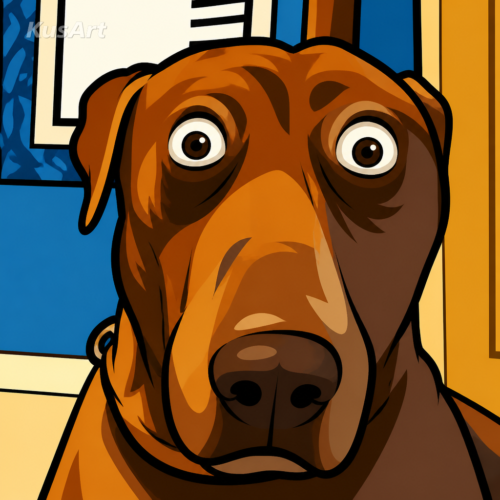 Scared dog meme restyled as a bright exaggerated cartoon illustration