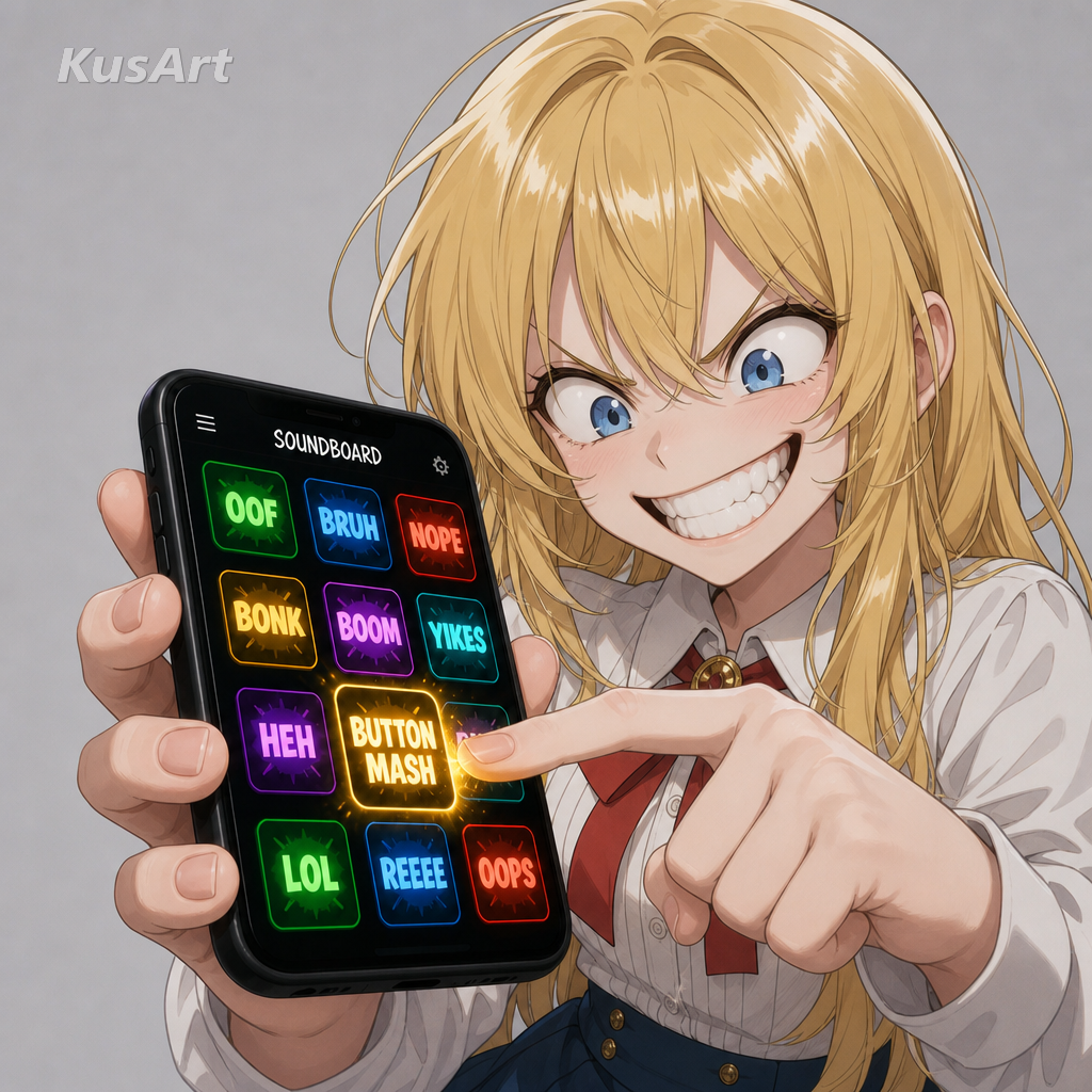 Soundboard meme remade with an anime girl mischievously pressing glowing sound buttons