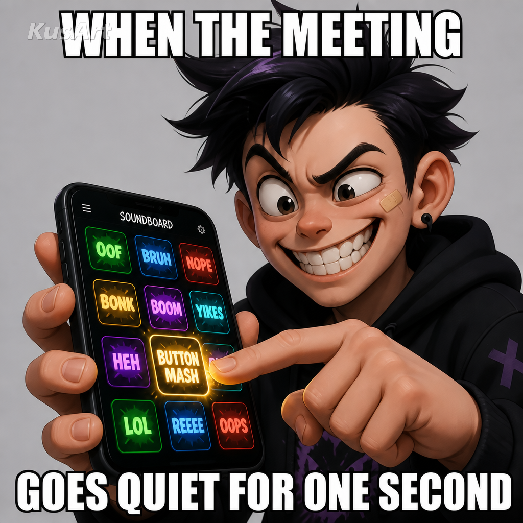 Soundboard meme captioned about the meeting going quiet for one second