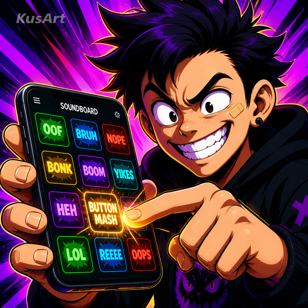 Soundboard meme restyled as a vibrant anime cel-shaded illustration