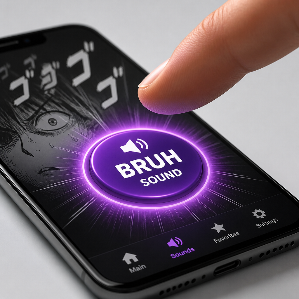 Close-up of a finger hovering over a glowing meme sound button in the soundboard meme style