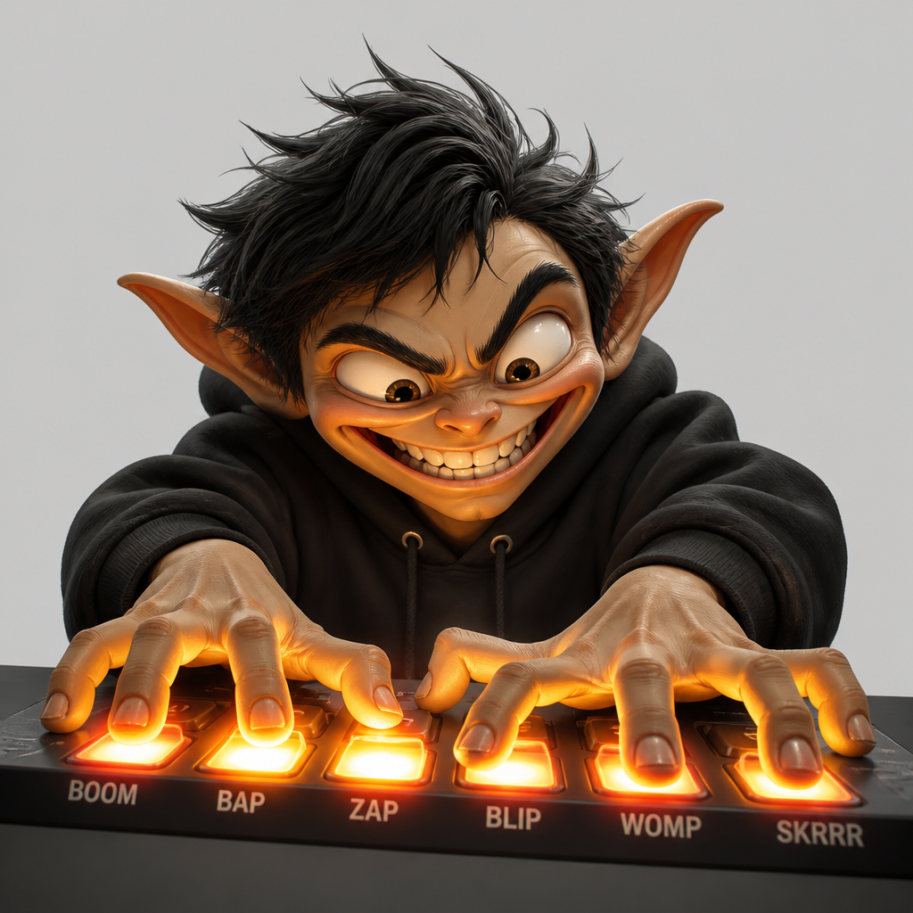 Gremlin grin mashing multiple sound buttons at once in the soundboard meme style