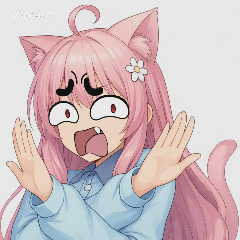 SYBAU meme remade with a smug anime catgirl in a dismissive hands-up pose