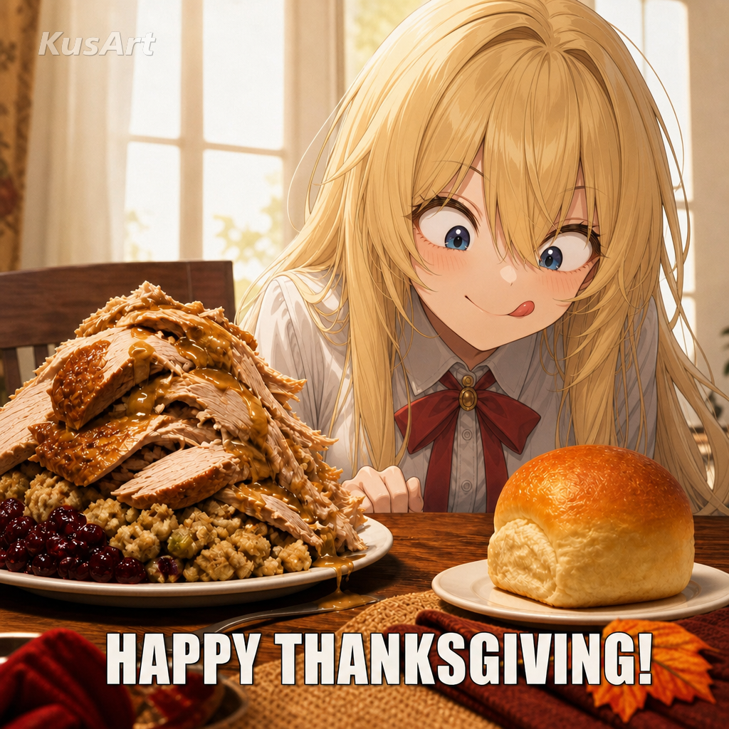 Thanksgiving meme remade with an anime girl at the feast table with a stacked plate