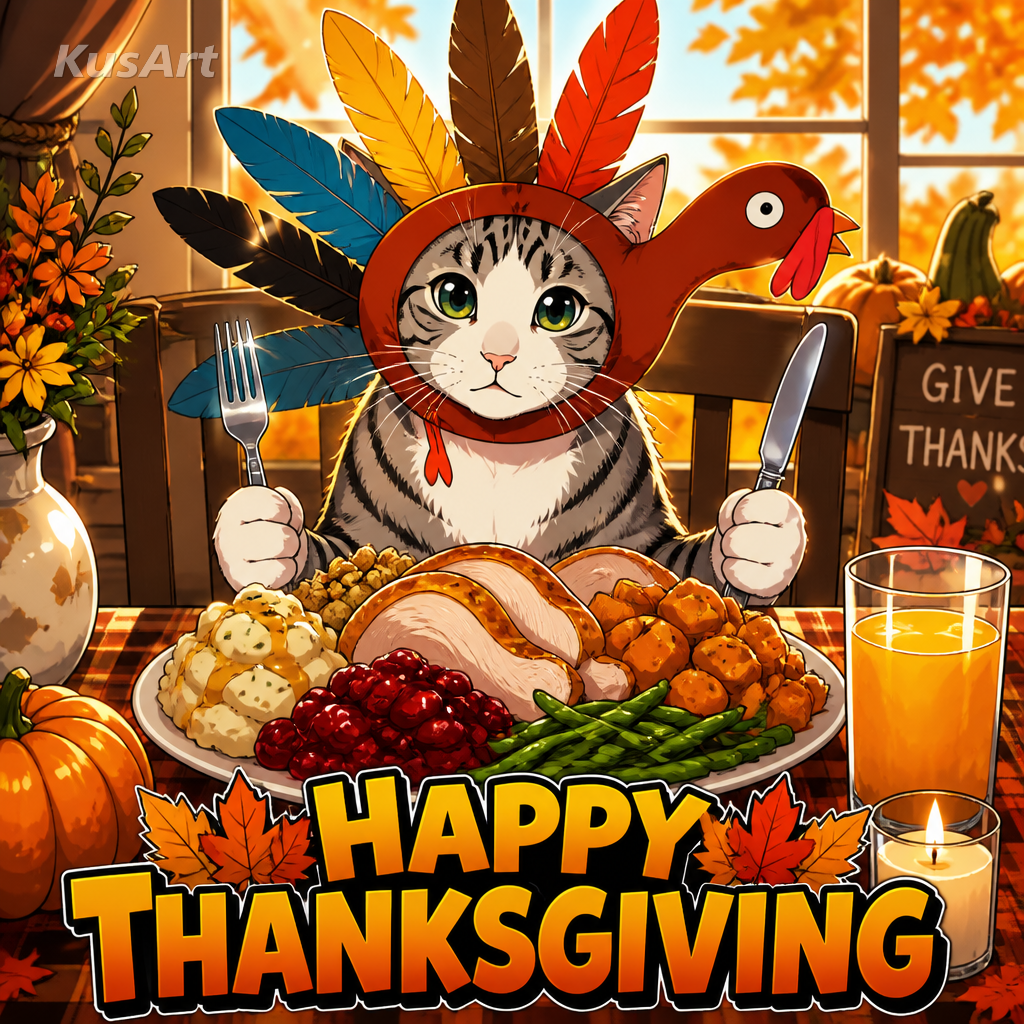 Thanksgiving meme restyled as a vibrant anime cel-shaded illustration