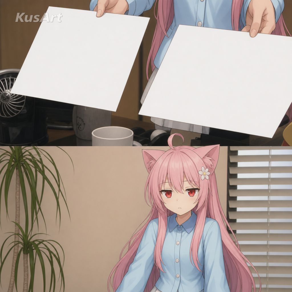 They're the same picture meme remade with an anime catgirl holding up two photos deadpan