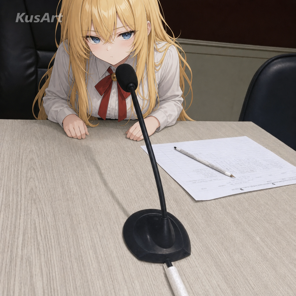 Would meme remade with an anime girl leaning into the microphone with deadpan confidence