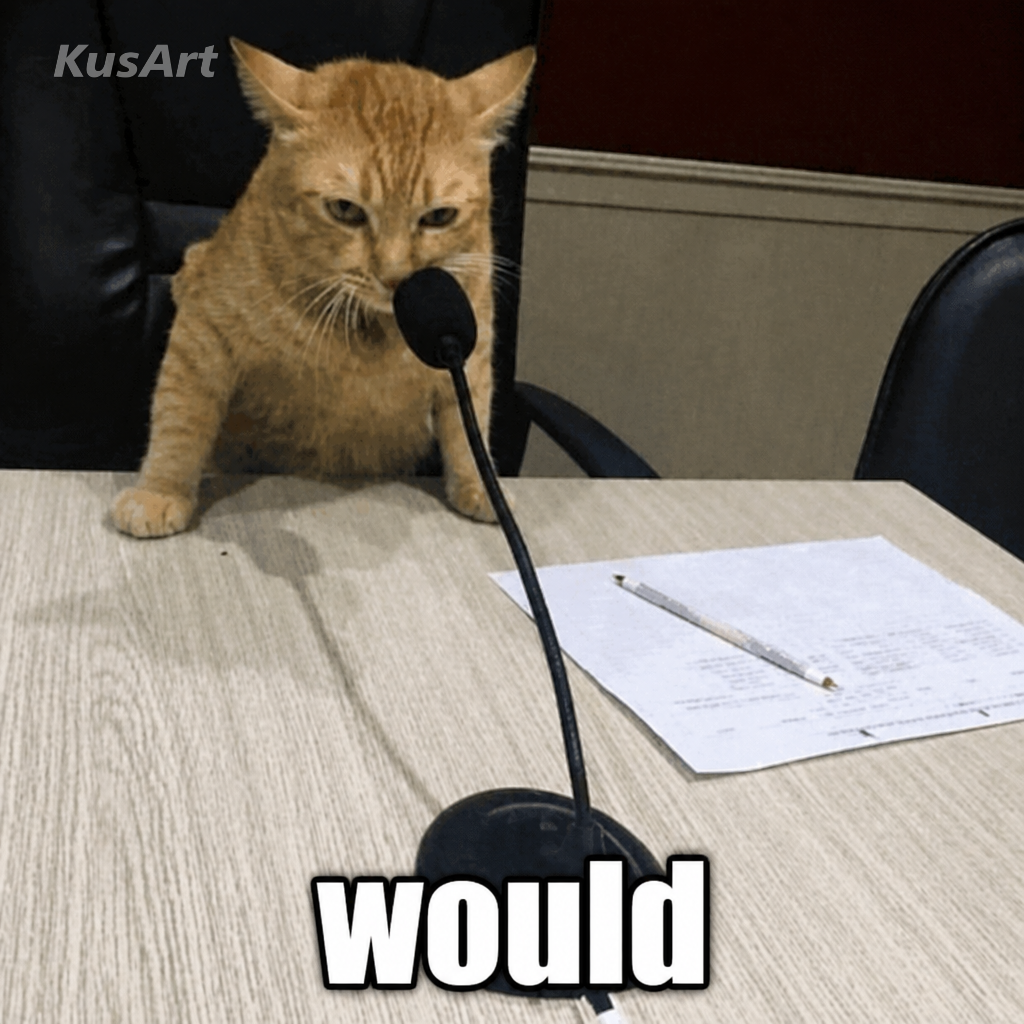 Would meme captioned with the iconic single word would under the deadpan cat at the mic