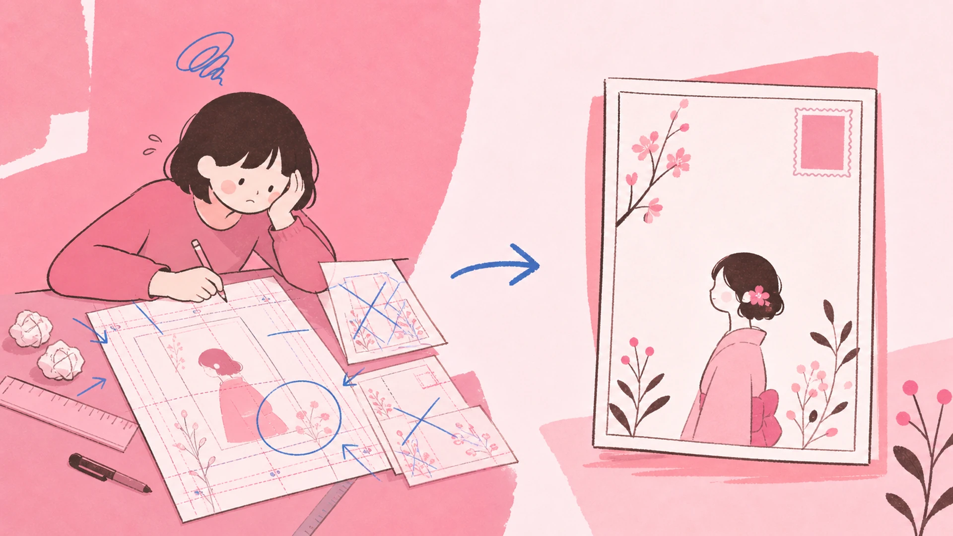 Move from a Loose Character Image to a Coherent Design - AI Japanese Wafu Postcard Maker
