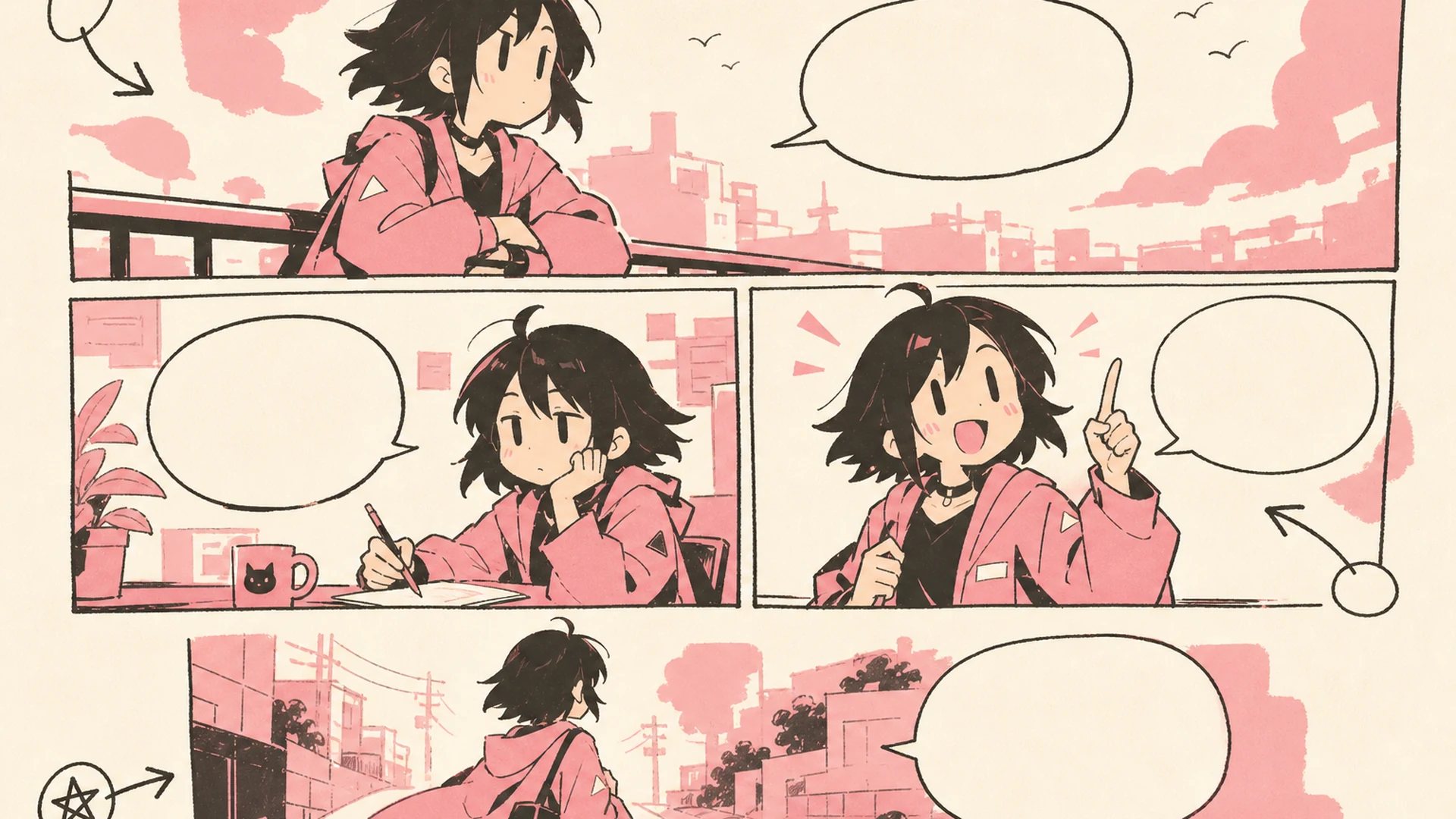 Create a 16:9 landscape KusArt use-case illustration for webcomic drafts with no title, subtitle, paragraph, body copy, labels, dialogue, watermark, or decorative pseudo-text. Place a pink-haired manga creator on the left comparing thumbnail panels, while a clean multi-panel page draft and episode-beat variations spread across the right; keep the face, hands, thumbnails, and final draft inside the central safe area. Clean modern Niji manga style, crisp lineart, soft screentone, warm-white minimal desk background, #ff4fa3 accents and one small sky-blue detail, no photorealism, 3D, thick paint, neon, deep purple, clutter, harsh shadow, gibberish text, or extra characters.