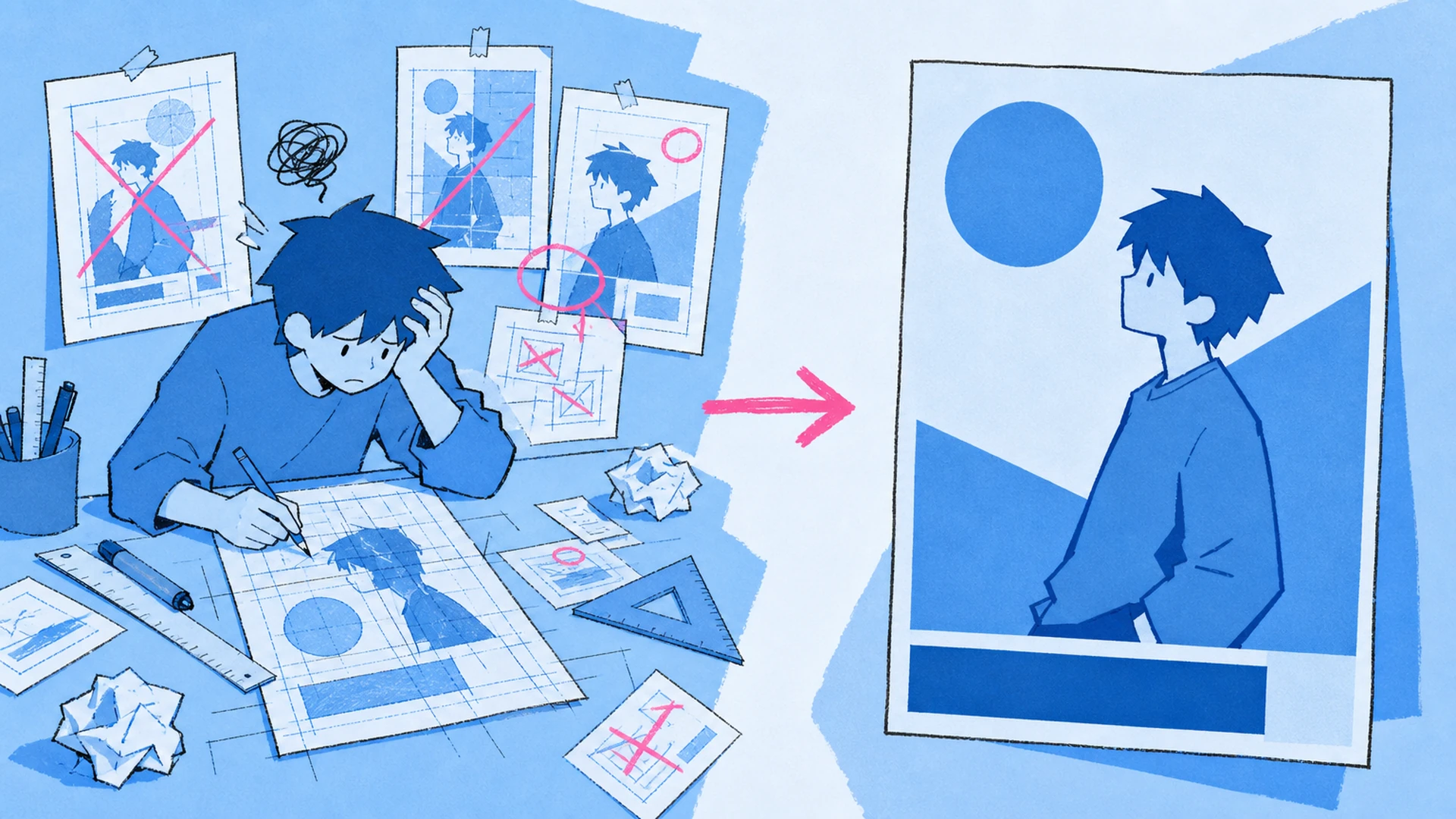 Move from a Loose Character Image to a Coherent Design - AI Blue Monochrome Anime Poster Maker