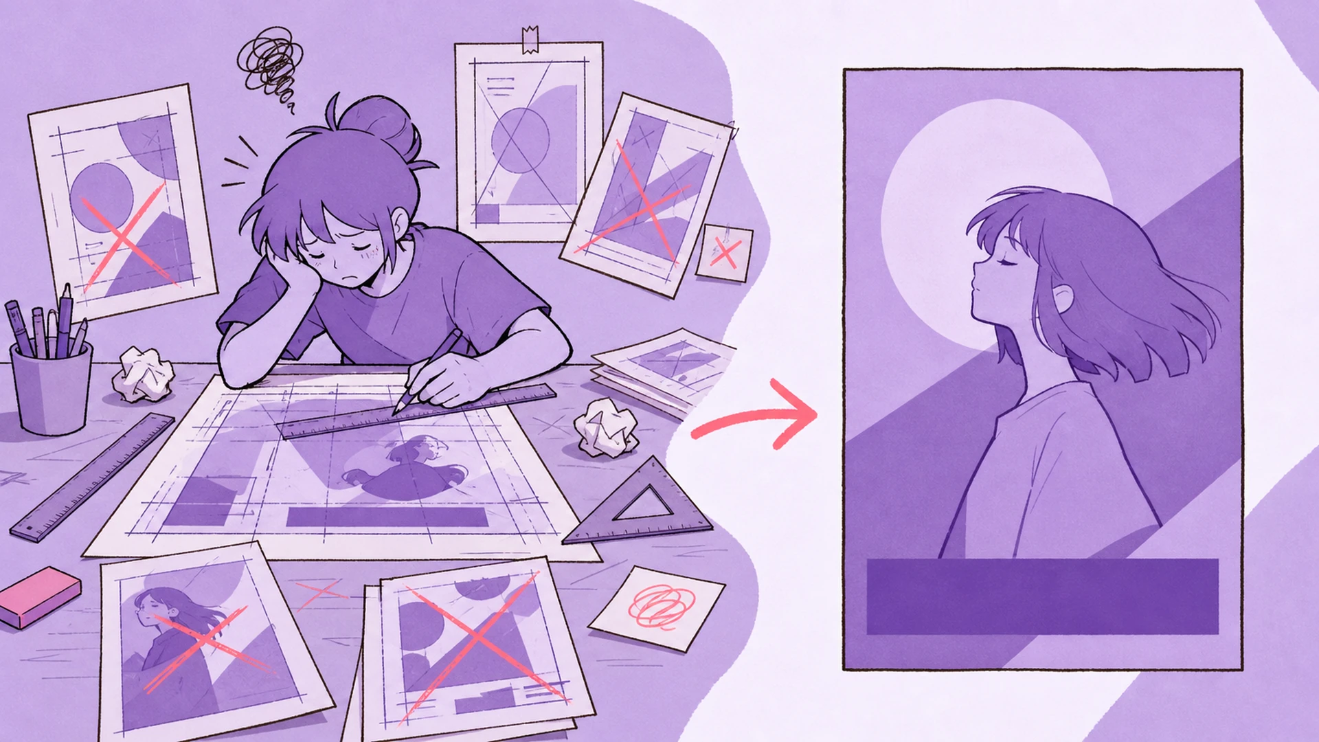 Move from a Loose Character Image to a Coherent Design - AI Purple Monochrome Anime Poster Maker