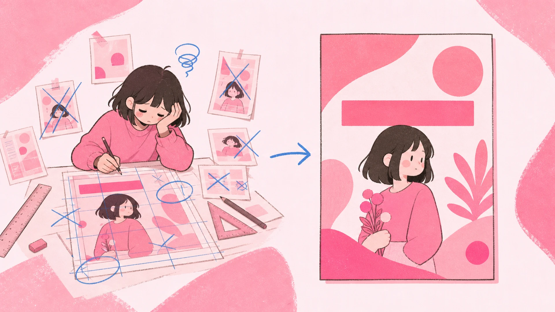 Move from a Loose Character Image to a Coherent Design - AI Pink Editorial Poster Maker